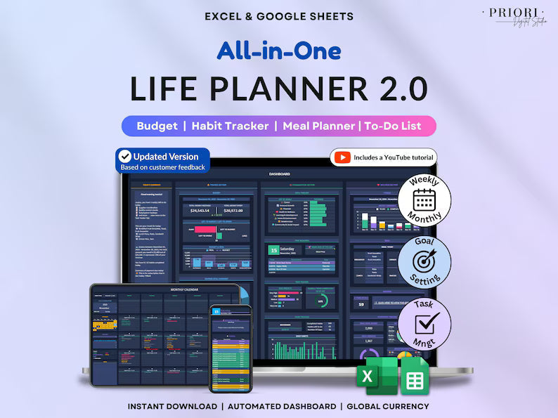 Life Planner Dark Mode Google Sheets Budget Tracker